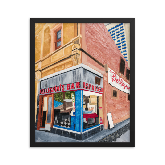 A framed print of Pellegrini's Espresso Bar in Melbourne, Australia 16 x 20, black
