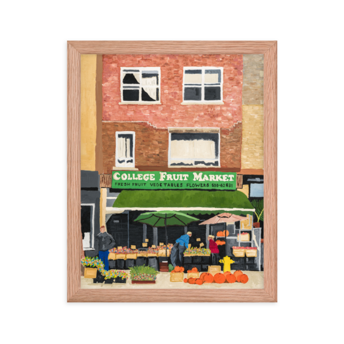 A framed print of College Fruit Market in Toronto, 11 x 14, red oak