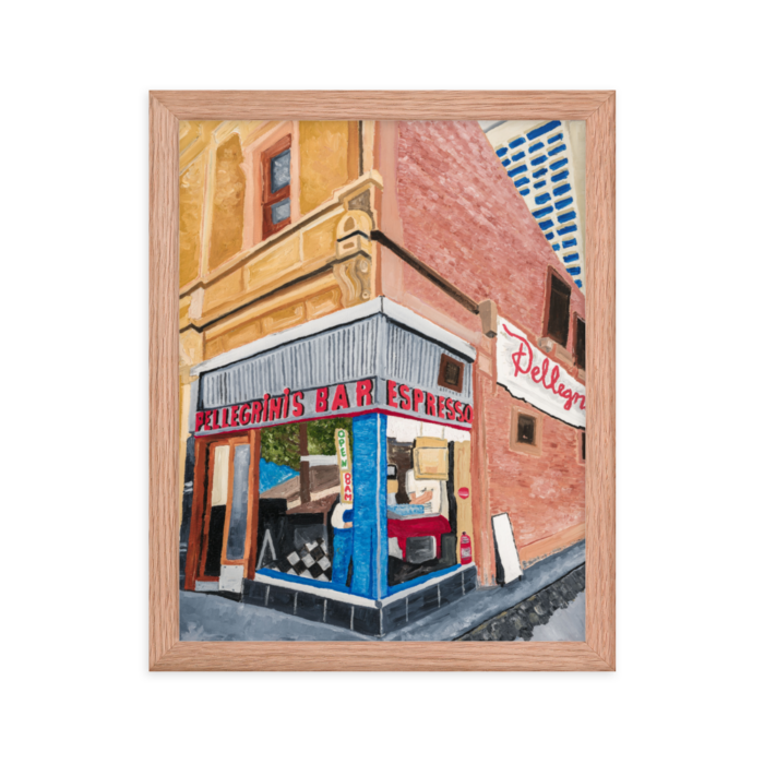 A framed print of Pellegrini's Espresso Bar in Melbourne, Australia 11 x 14, red oak.