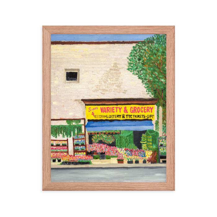 A framed print of a Variety Store in Toronto, 11 x 14, red oak.