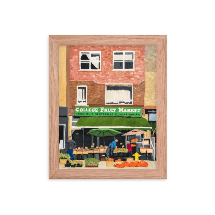 A framed print of College Fruit Market in Toronto, 8 x 10, red oak