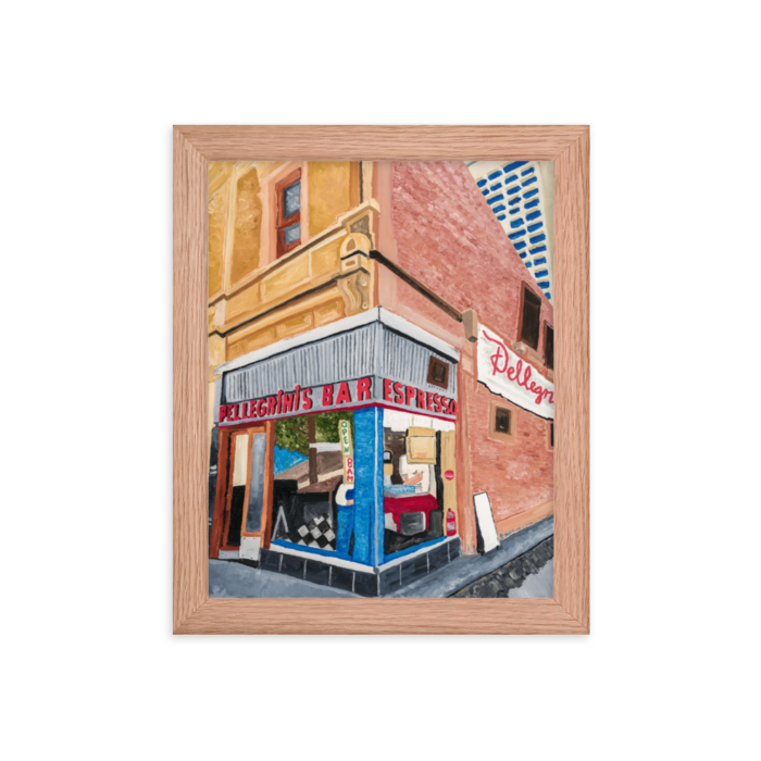 A framed print of Pellegrini's Espresso Bar in Melbourne, Australia 8 x 10, red oak.