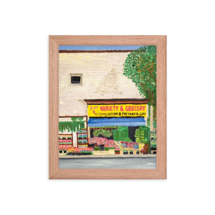 A framed print of a Variety Store in Toronto, 8 x 10, red oak.